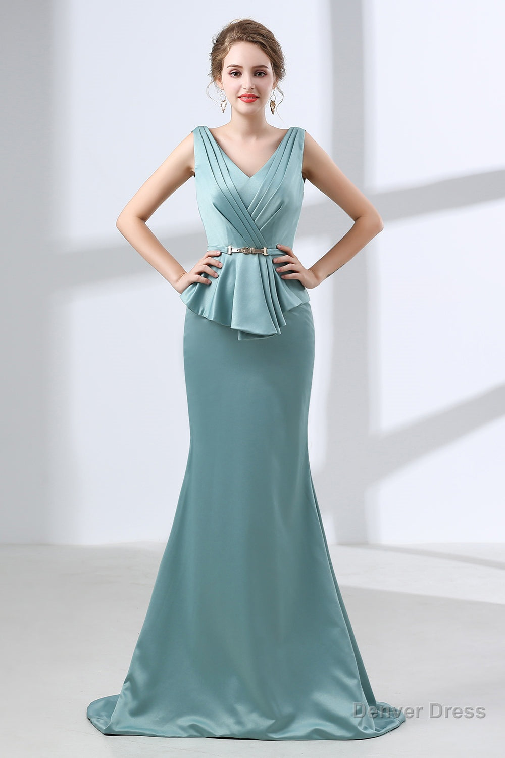 Blue Mermaid Satin V Neck Backless Prom Dresses With Sash
