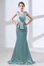Blue Mermaid Satin V Neck Backless Prom Dresses With Sash