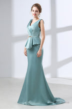 Blue Mermaid Satin V Neck Backless Prom Dresses With Sash