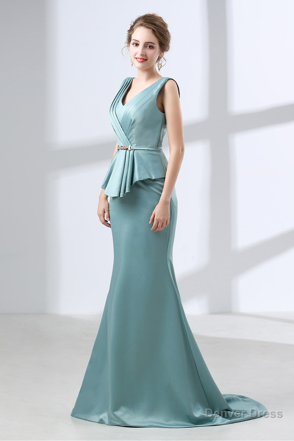 Blue Mermaid Satin V Neck Backless Prom Dresses With Sash