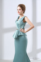 Blue Mermaid Satin V Neck Backless Prom Dresses With Sash