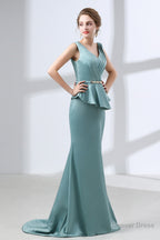 Blue Mermaid Satin V Neck Backless Prom Dresses With Sash