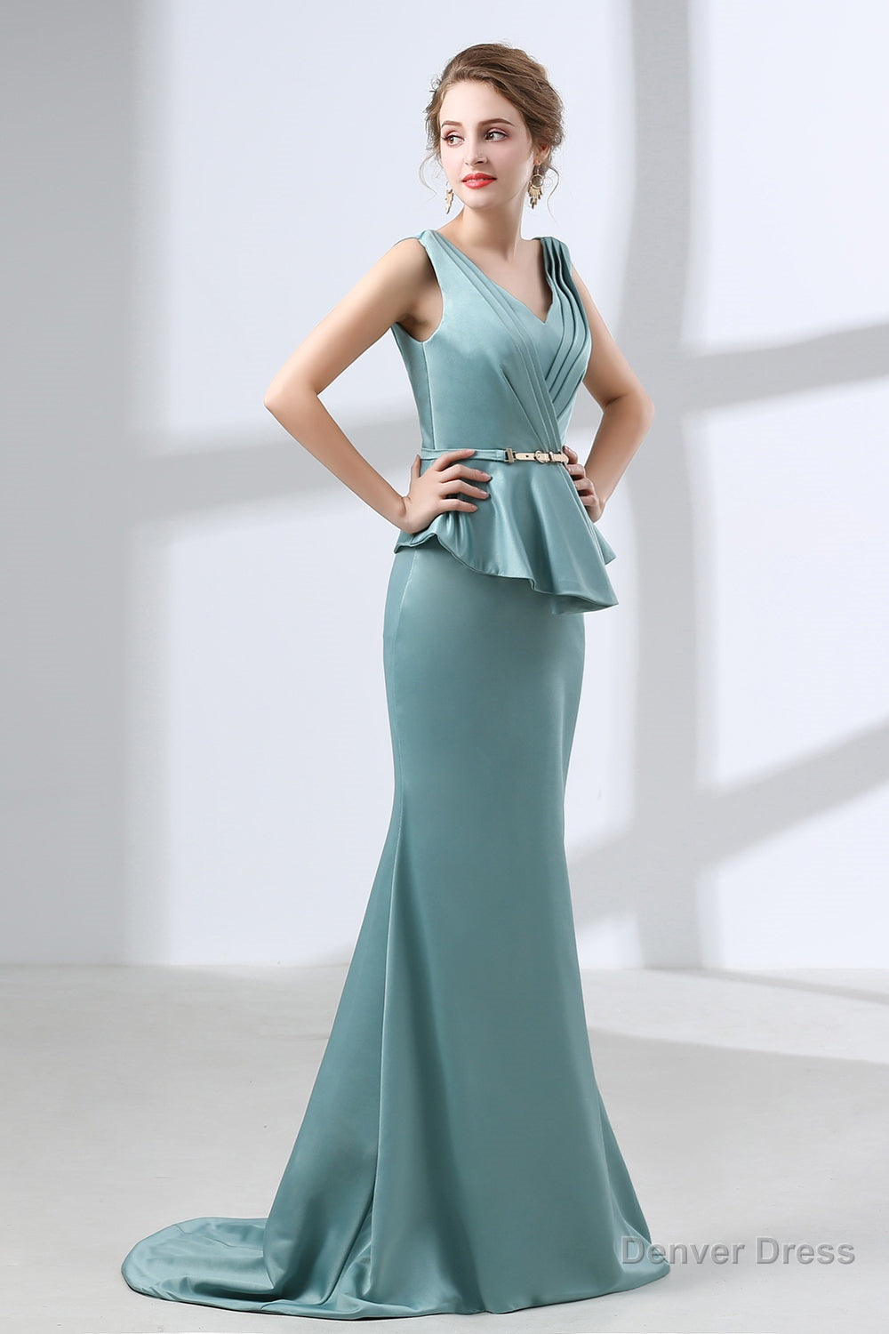 Blue Mermaid Satin V Neck Backless Prom Dresses With Sash