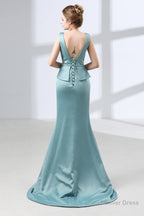 Blue Mermaid Satin V Neck Backless Prom Dresses With Sash