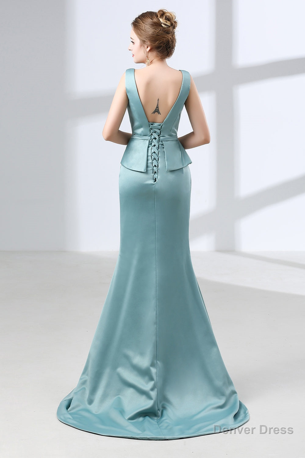 Blue Mermaid Satin V Neck Backless Prom Dresses With Sash