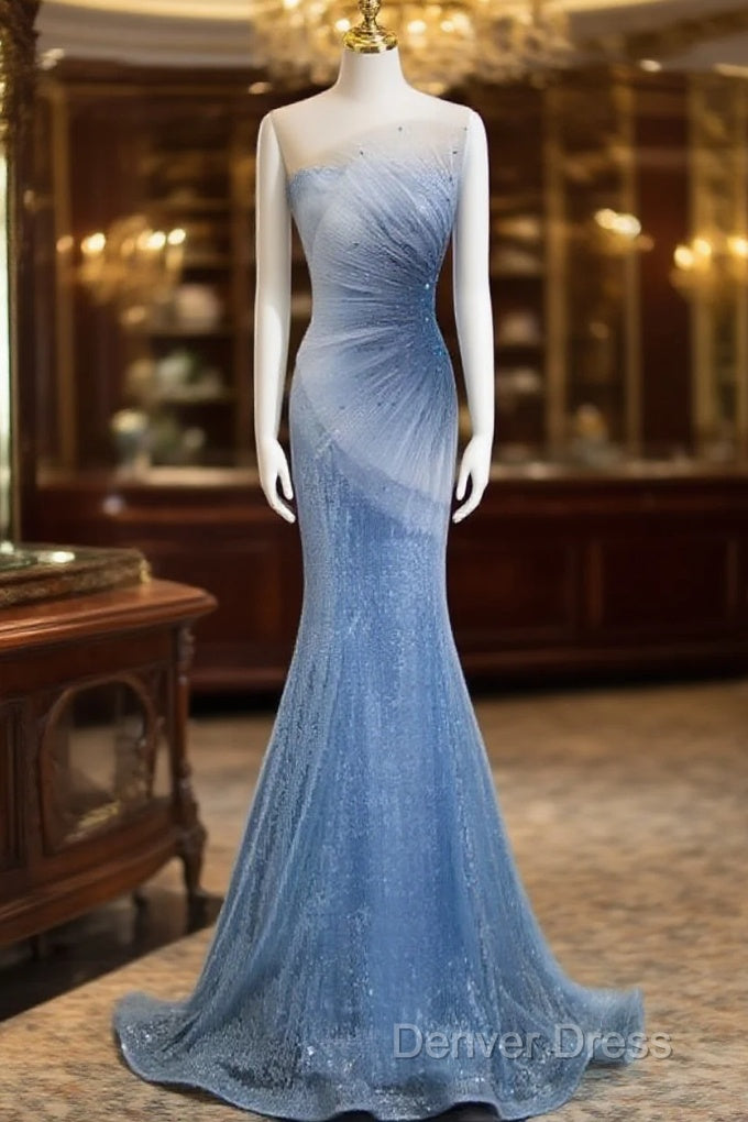 Blue Mermaid Sequin Sheer Straps Scalloped Long Prom Dresses Main image