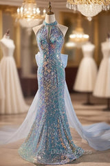 Blue Mermaid Sequins Beading Prom Dresses