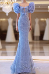 Blue Mermaid Sequins Bow Prom Dresses