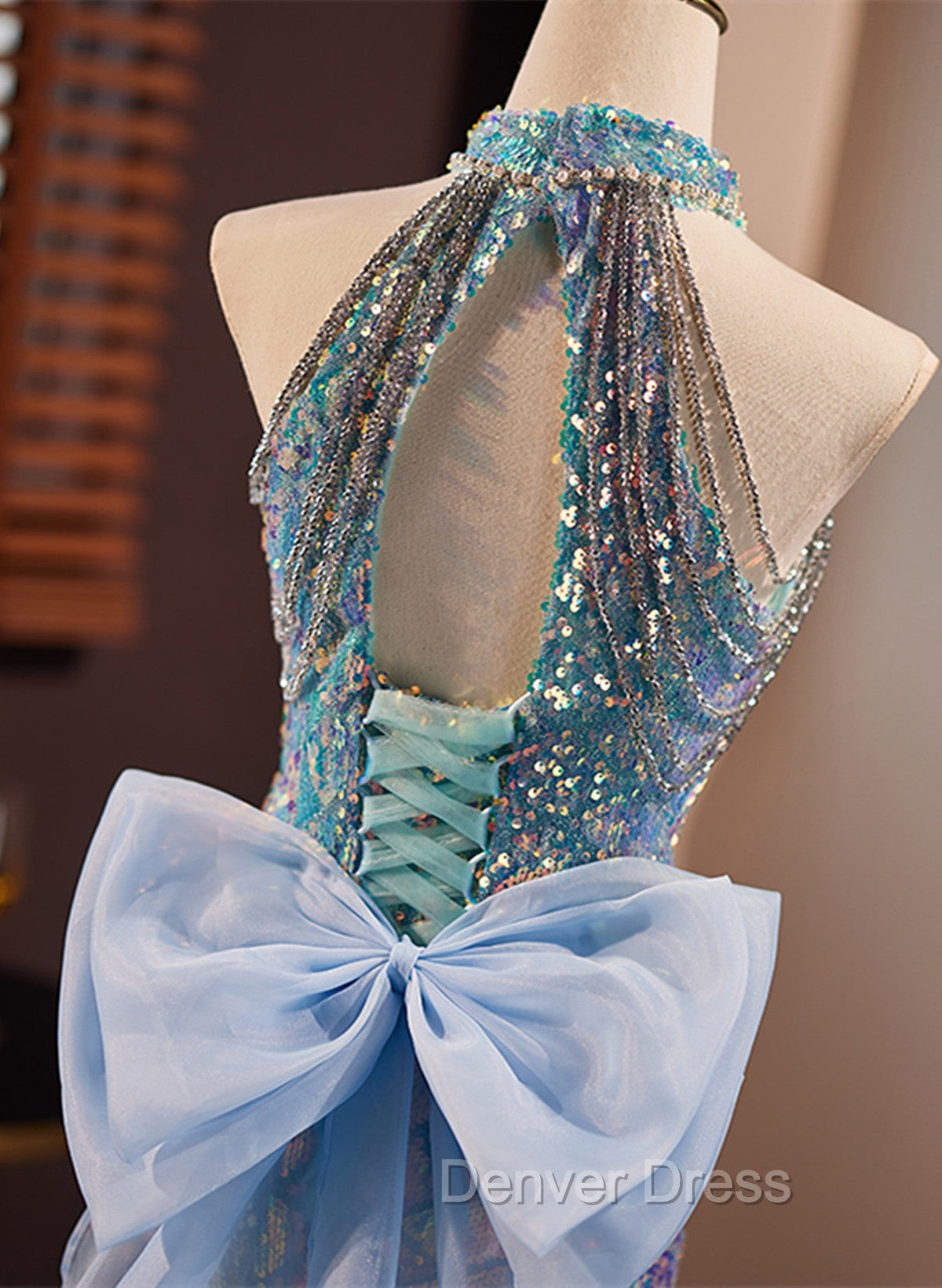 Blue Mermaid Sequins Halter Long Party Dresses with Bow, Blue Sequins Prom Dresses
