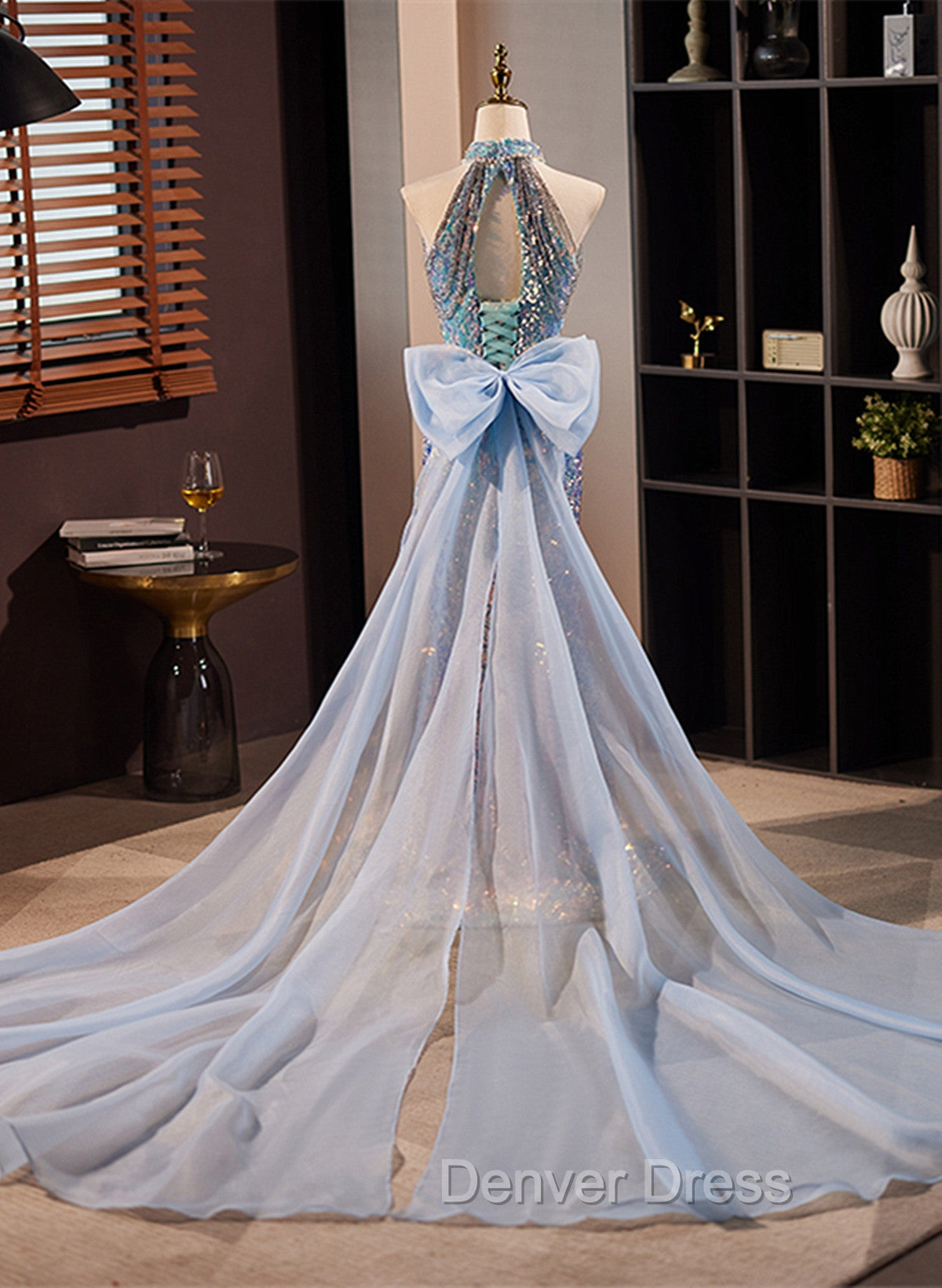 Blue Mermaid Sequins Halter Long Party Dresses with Bow, Blue Sequins Prom Dresses Secondary image