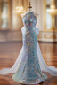 Blue Mermaid Sequins Halter Long Party Dresses with Bow, Blue Sequins Prom Dresses