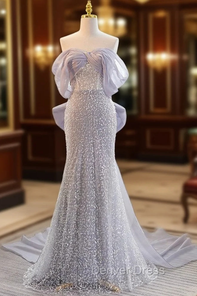 Blue Mermaid Sequins Off the Shoulder Prom Dresses