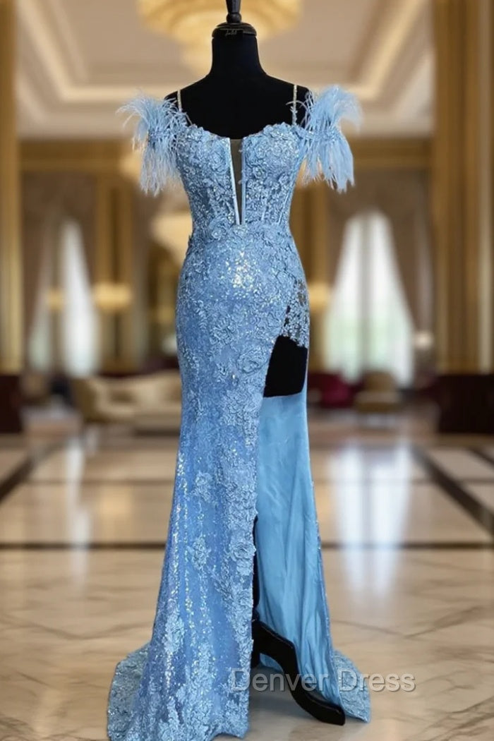 Blue Mermaid Sequins Spaghetti Straps Feather Prom Dresses