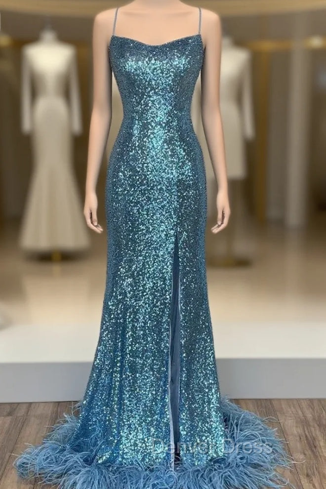 Blue Mermaid Sequins Spaghetti Straps Prom Dresses