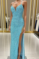 Blue Mermaid Sequins Split Prom Dresses