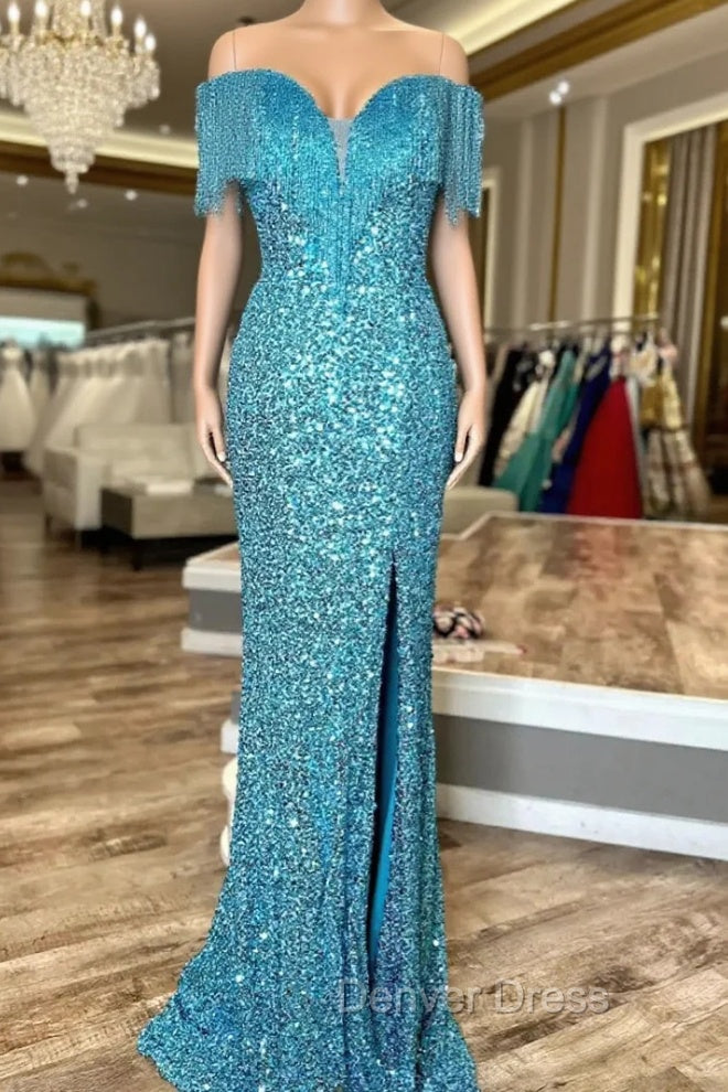 Blue Mermaid Sequins Straps Beading Split prom Dresses