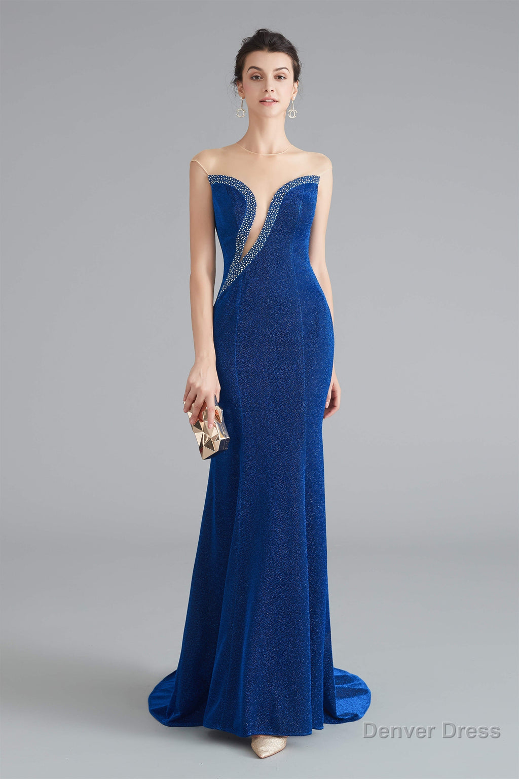 Mermaid Sheer Neck Beaded Sequins Satin Prom Dresses