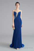 Mermaid Sheer Neck Beaded Sequins Satin Prom Dresses