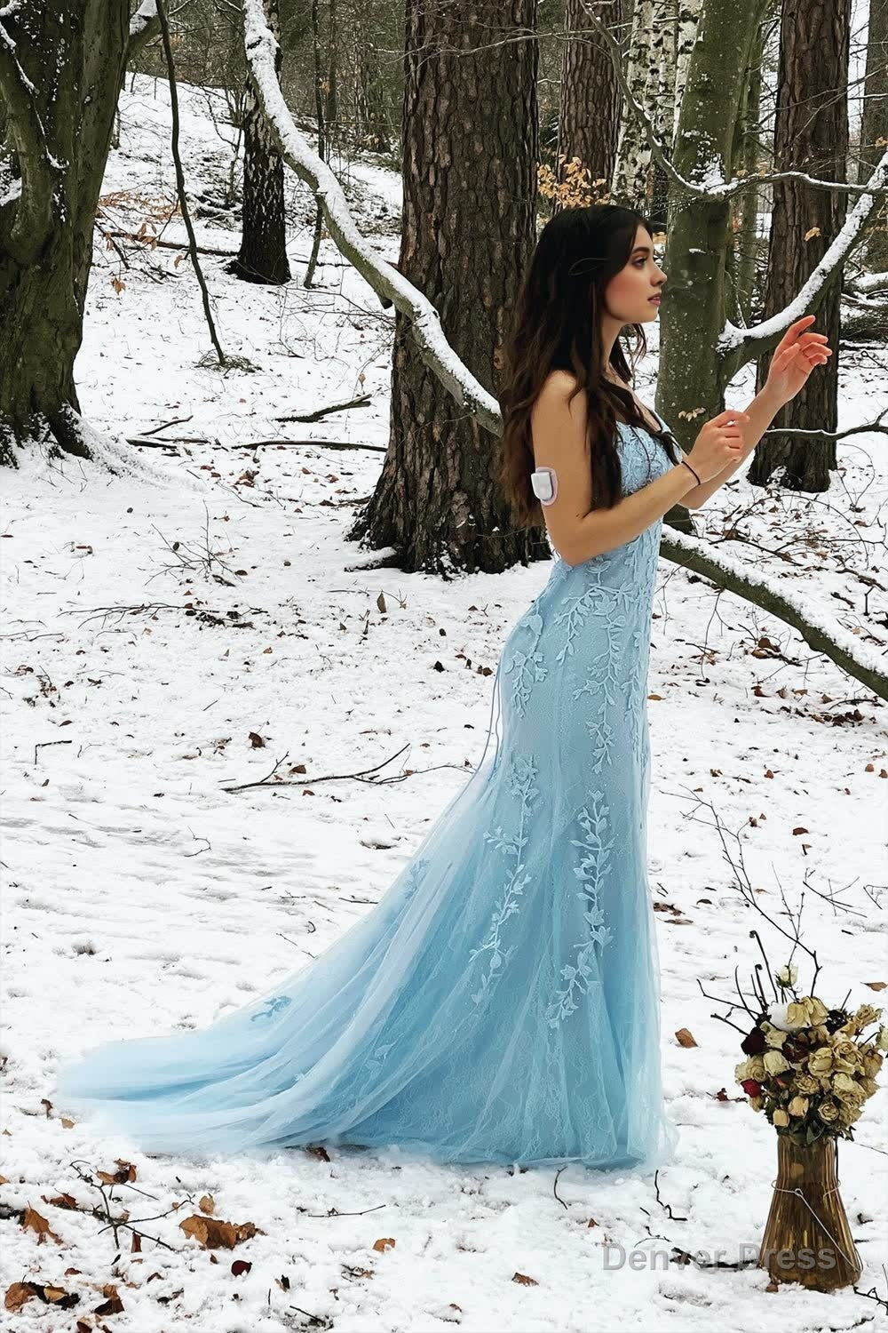 Blue Mermaid Spaghetti Straps Criss Cross Back Long Prom Dresses Secondary image