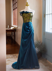Blue Mermaid Strapless Print Prom Dress