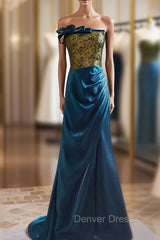 Blue Mermaid Strapless Print Prom Dresses