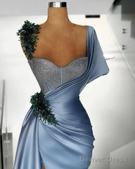 Blue Mermaid Sweetheart Satin Long Prom Dress Beaded One Shoulder Formal Evening Dress