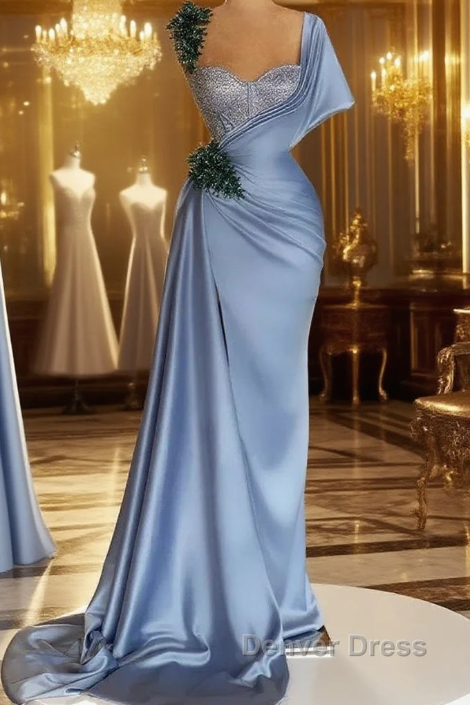 Blue Mermaid Sweetheart Satin Long Prom Dresses Beaded One Shoulder Formal Evening Dresses Main image