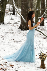 blue mermaid tulle backless long prom dress with lace