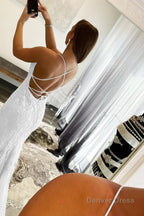 Blue Mermaid Tulle Backless Long Prom Dresses with Lace