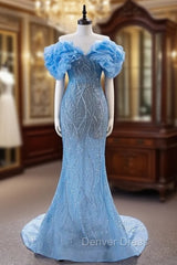 Blue Mermaid Tulle Sequins Off the Shoulder Prom Dresses