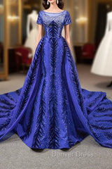 Blue Mermaid Velvet Backless Cap Sleeve Prom Dresses With Removable Train