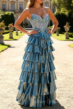 Blue Metallic A-Line Corset Tiered Long Prom Dress With Beading