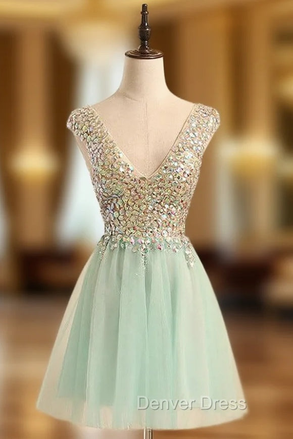 Blue Mini Short Crystal V-neck Dresses Main image