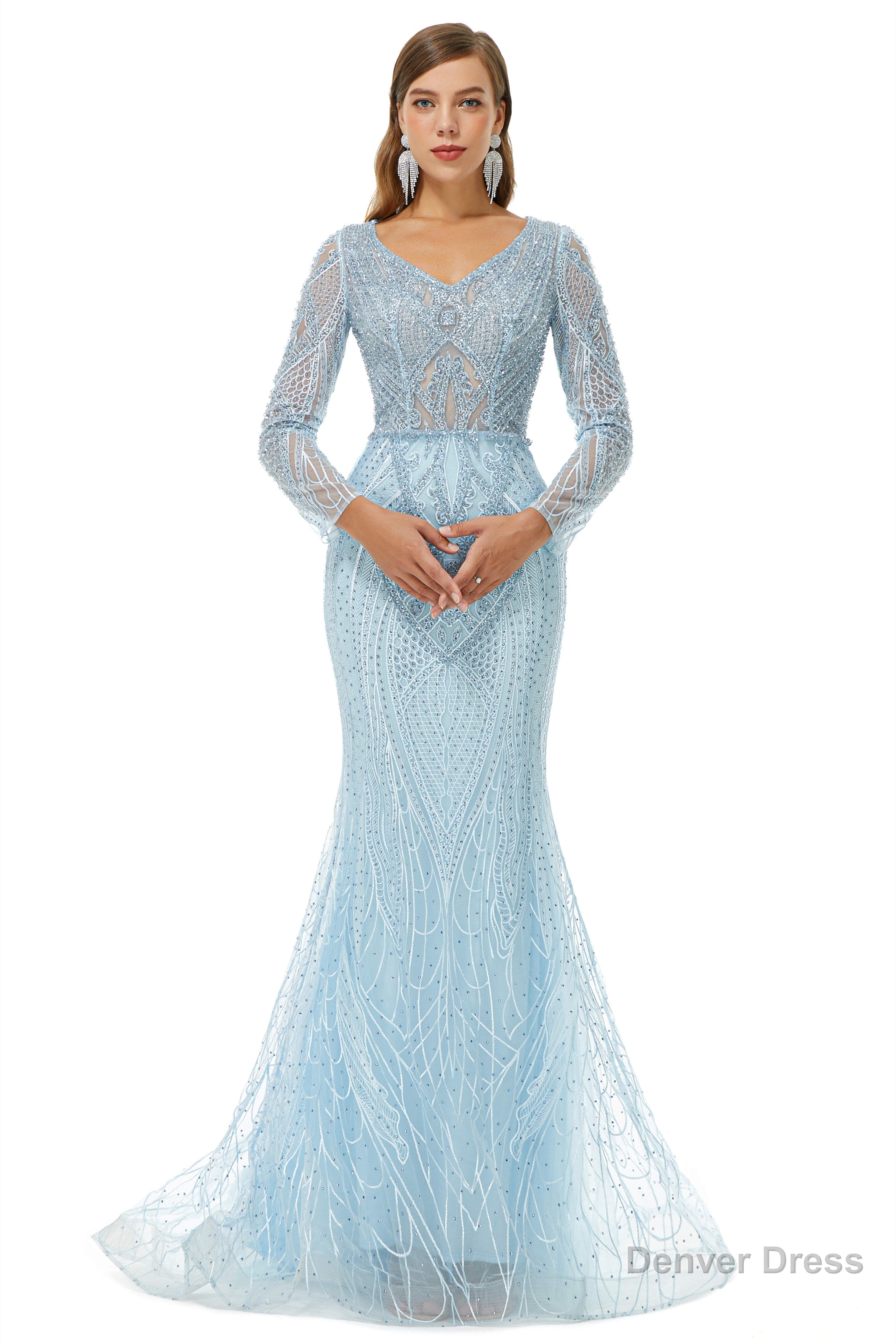 Neckline Long Sleeve Mermaid Lace Pattern Tulle Beading Prom Dresses Main image