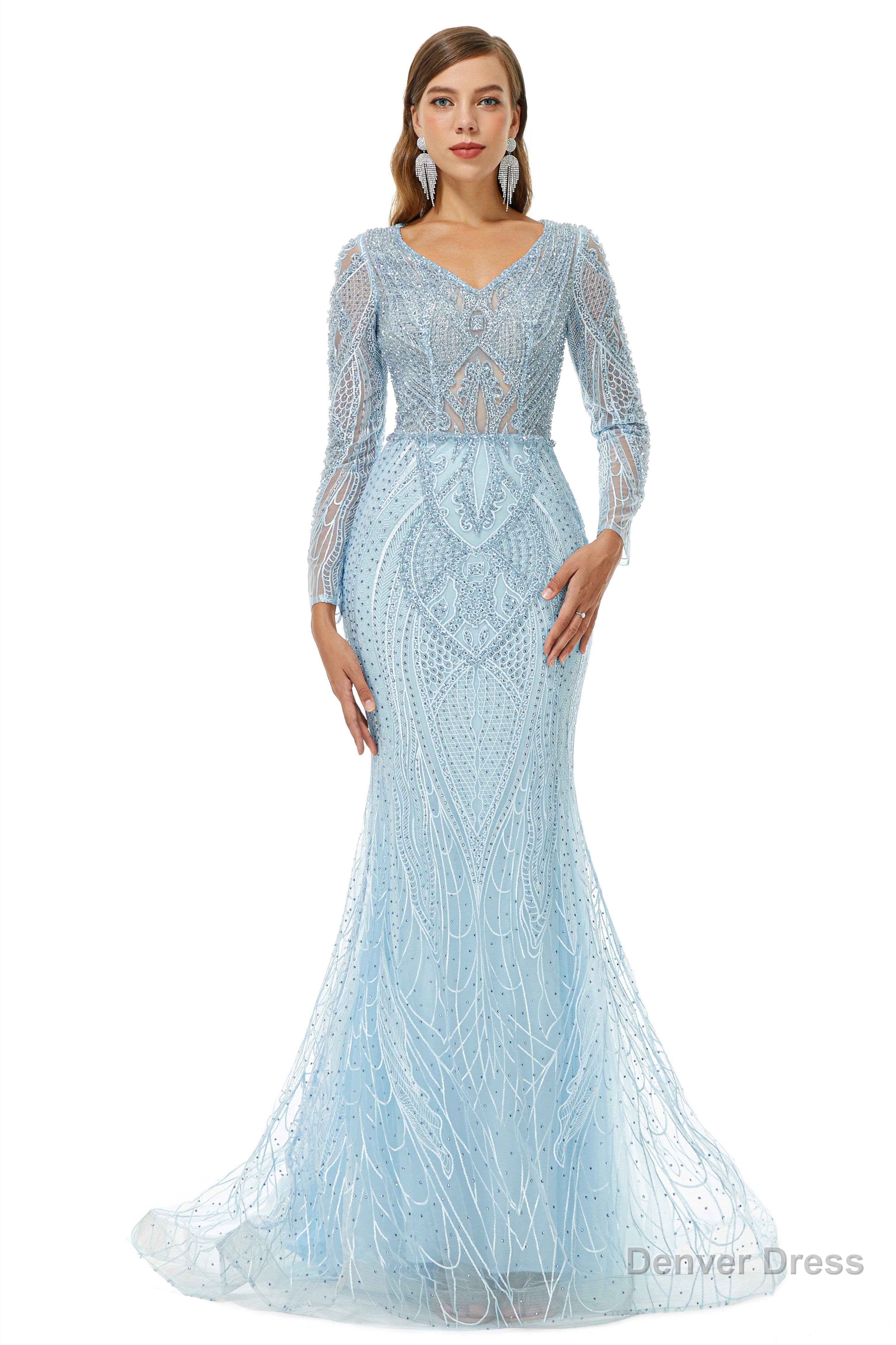 Neckline Long Sleeve Mermaid Lace Pattern Tulle Beading Prom Dresses