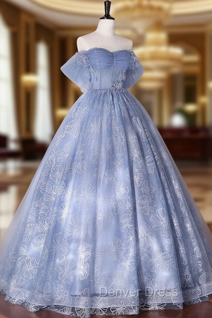 Blue Off Shoulder Ball Gown Floral Tulle Party Dresses, Blue Sweet 16 Dresses Main image