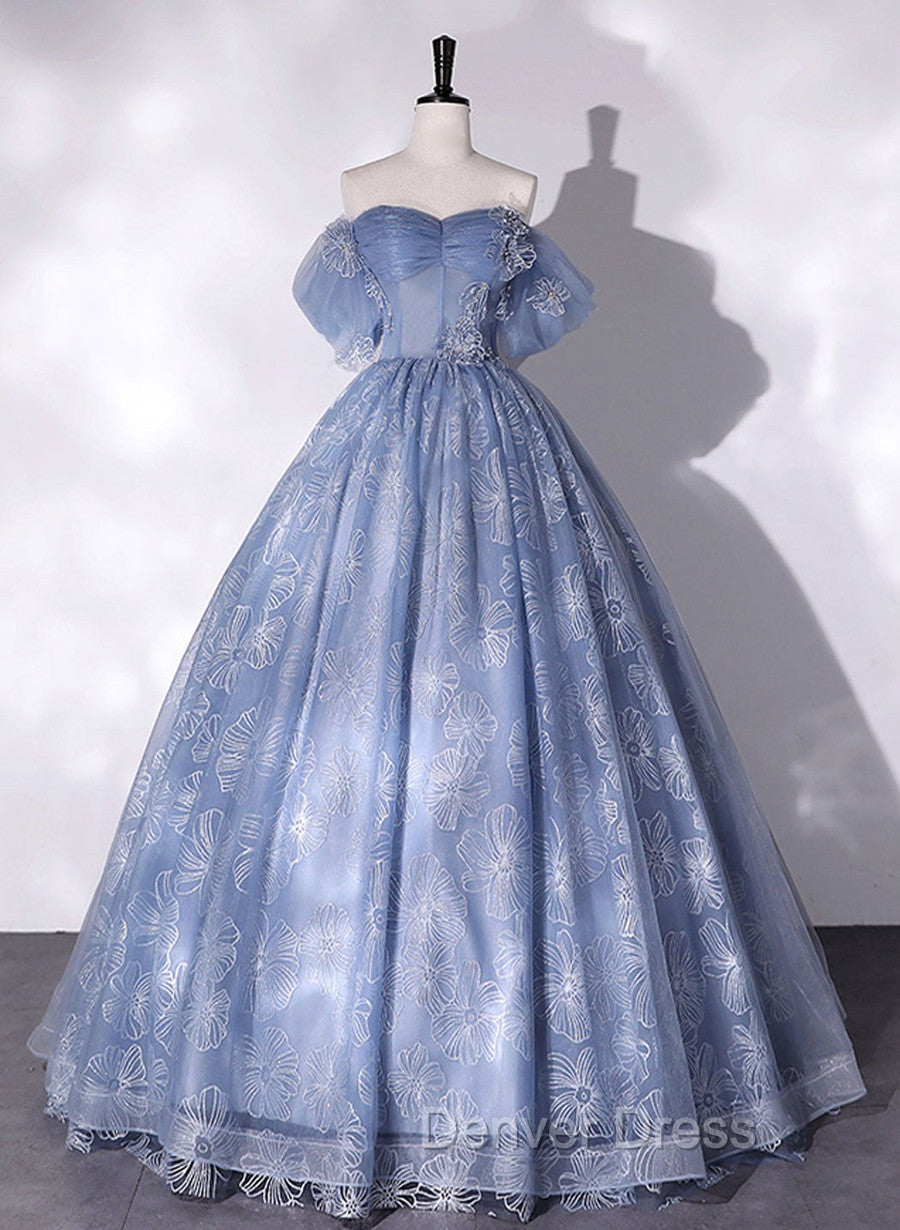 Blue Off Shoulder Ball Gown Floral Tulle Party Dresses, Blue Sweet 16 Dresses Secondary image