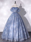 Blue Off Shoulder Ball Gown Floral Tulle Party Dresses, Blue Sweet 16 Dresses