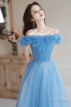 Blue Off Shoulder Beaded A-Line Floor Length Prom Dresses, Blue Prom Gowns