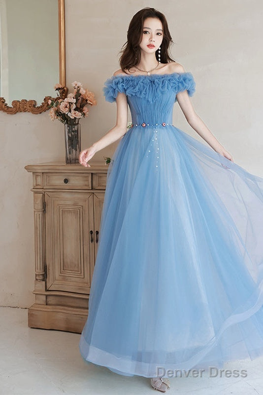 Blue Off Shoulder Beaded A-Line Floor Length Prom Dresses, Blue Prom Gowns