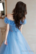 Blue Off Shoulder Beaded A-Line Floor Length Prom Dresses, Blue Prom Gowns