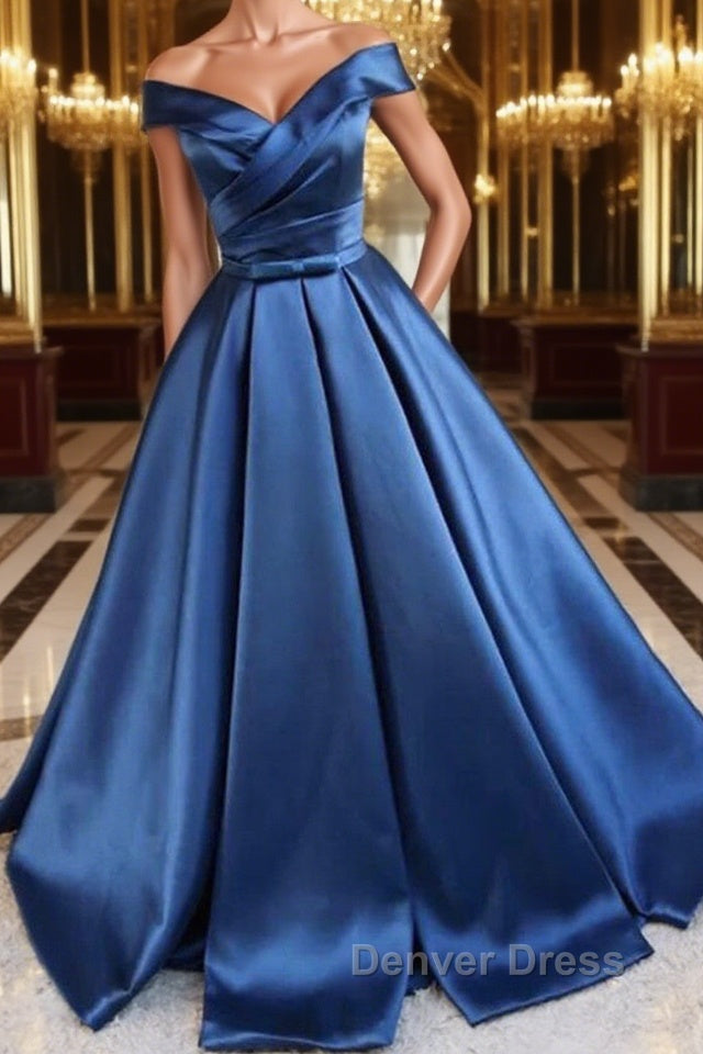 Blue Off Shoulder Satin Long Prom Dress, Off Shoulder Blue Prom Dress, Ball Gowns, Prom Dresses