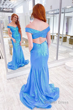 Blue Off Shoulder Sequins Mermaid Prom Dresses
