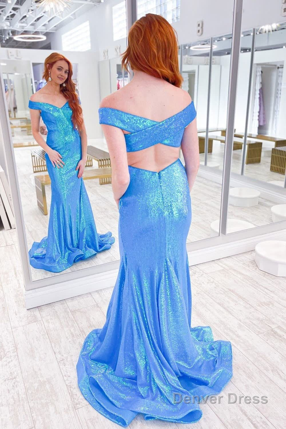 Blue Off Shoulder Sequins Mermaid Prom Dresses