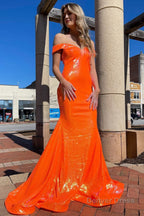 Blue Off Shoulder Sequins Mermaid Prom Dresses