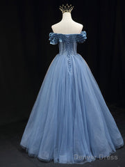 Blue Off Shoulder Tulle Long Prom Dress, Blue Tulle Formal Dress