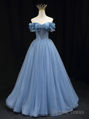 Blue Off Shoulder Tulle Long Prom Dress, Blue Tulle Formal Dress