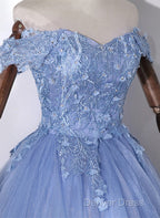 Blue Off Shoulder Tulle Prom Dress With Lace, Long Prom Dress Sweet 16 Dresses