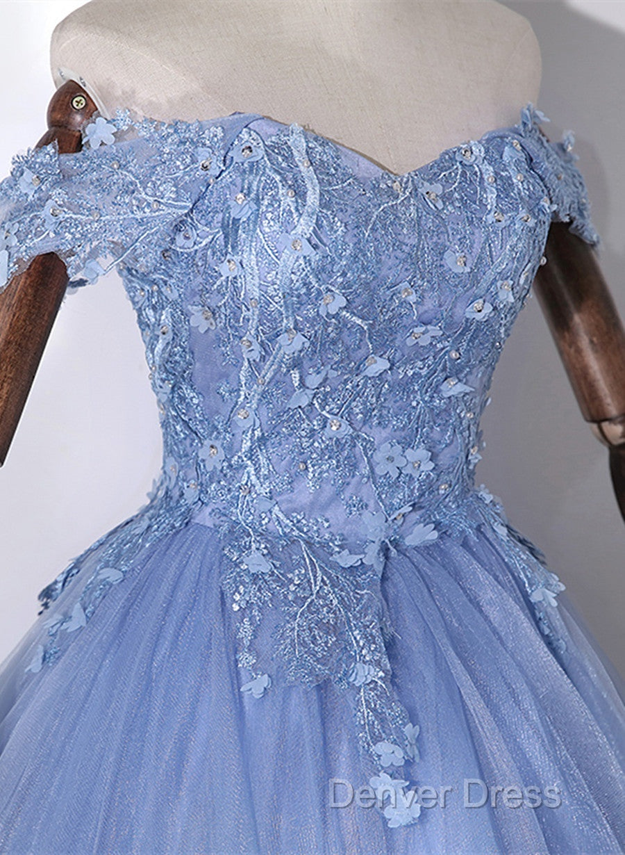 Blue Off Shoulder Tulle Prom Dress With Lace, Long Prom Dress Sweet 16 Dresses