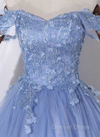 Blue Off Shoulder Tulle Prom Dress With Lace, Long Prom Dress Sweet 16 Dresses